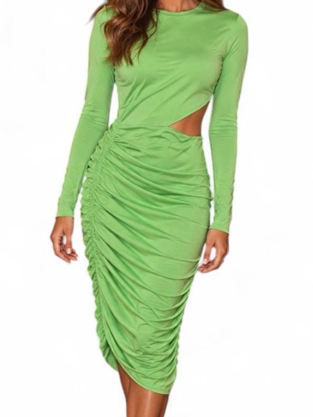 AFRM Lime Green Long Sleeve Ruched Midi Dress with Cutout